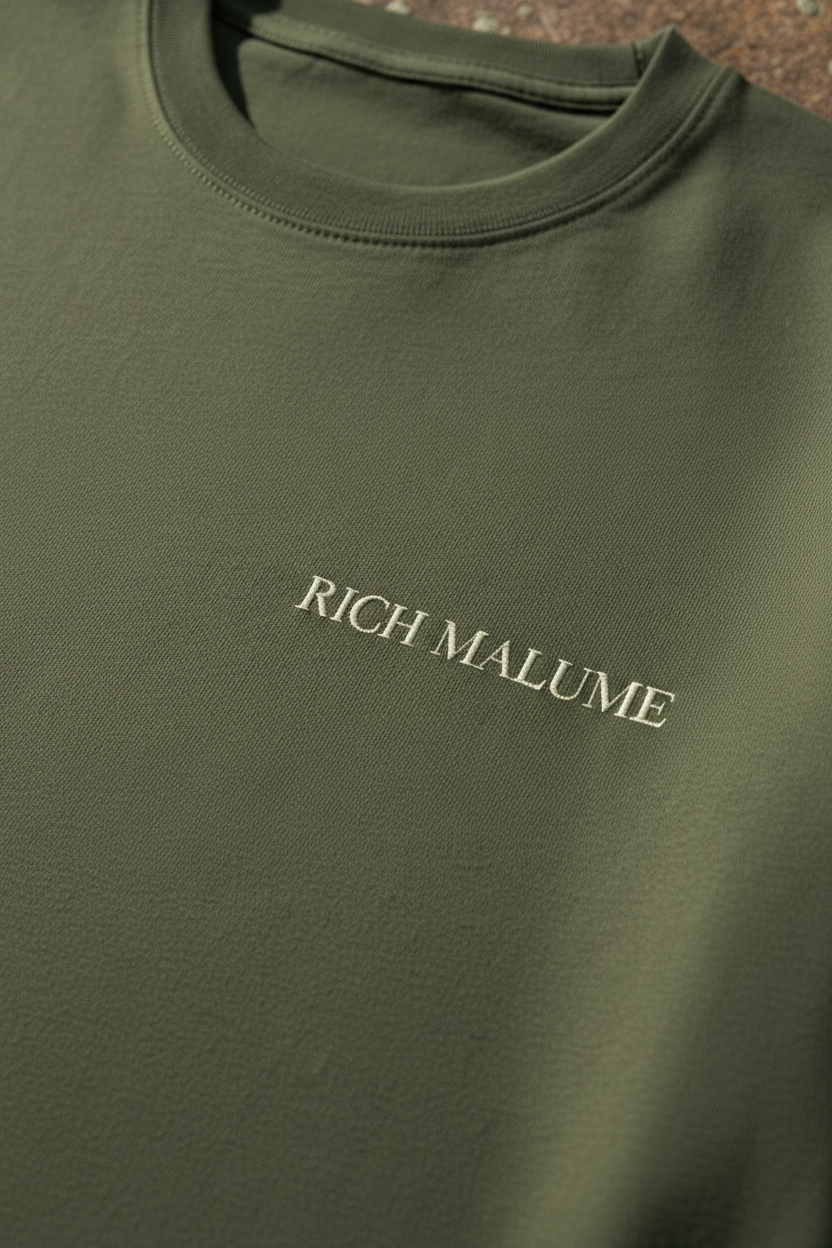 RICH MALUME Vibe Tee Olive - Logo detail close-up