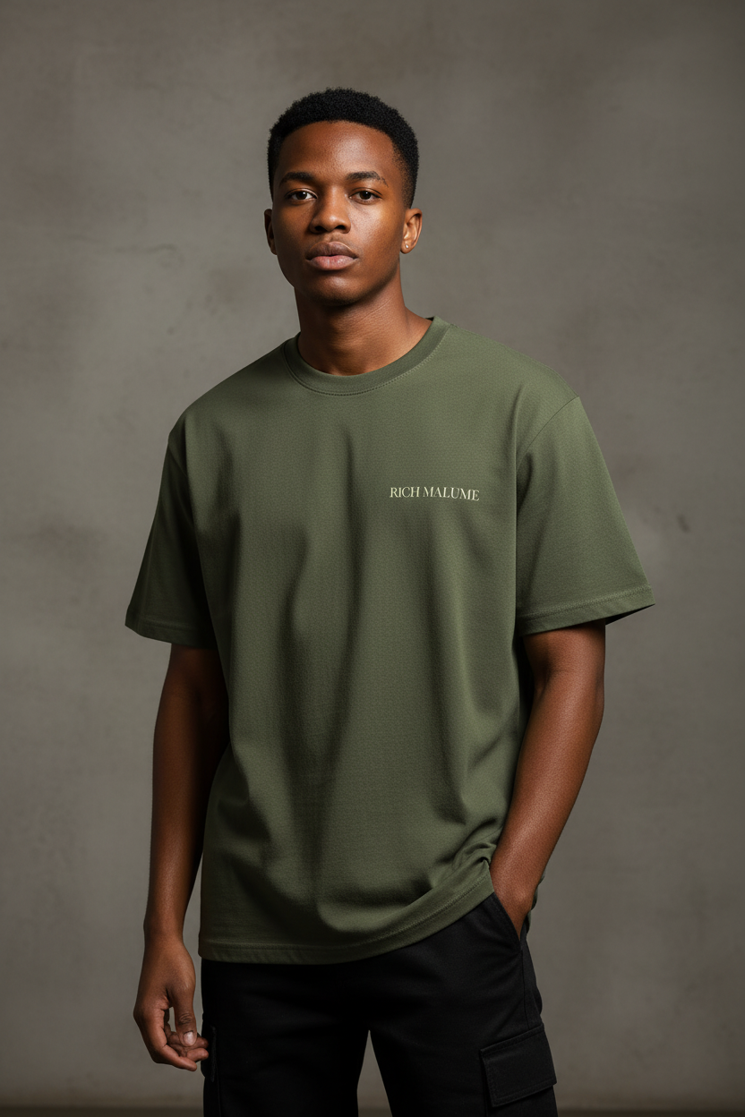 RICH MALUME Vibe Tee Olive - Model mid shot