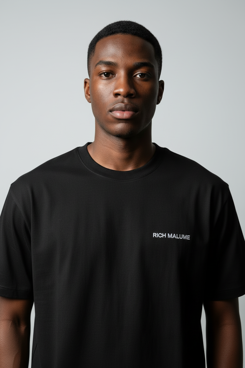 RICH MALUME Black Tee - Close-Up Model Shot